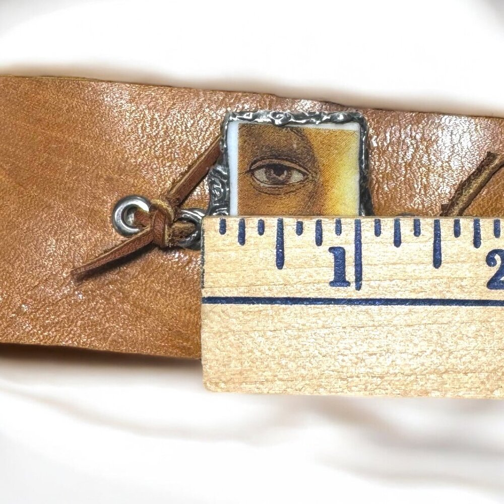 La Ghirlandata Rosetti Art Face Tile & Silver Blend Bezel Leather Cuff Bracelet - Picture 6 of 17